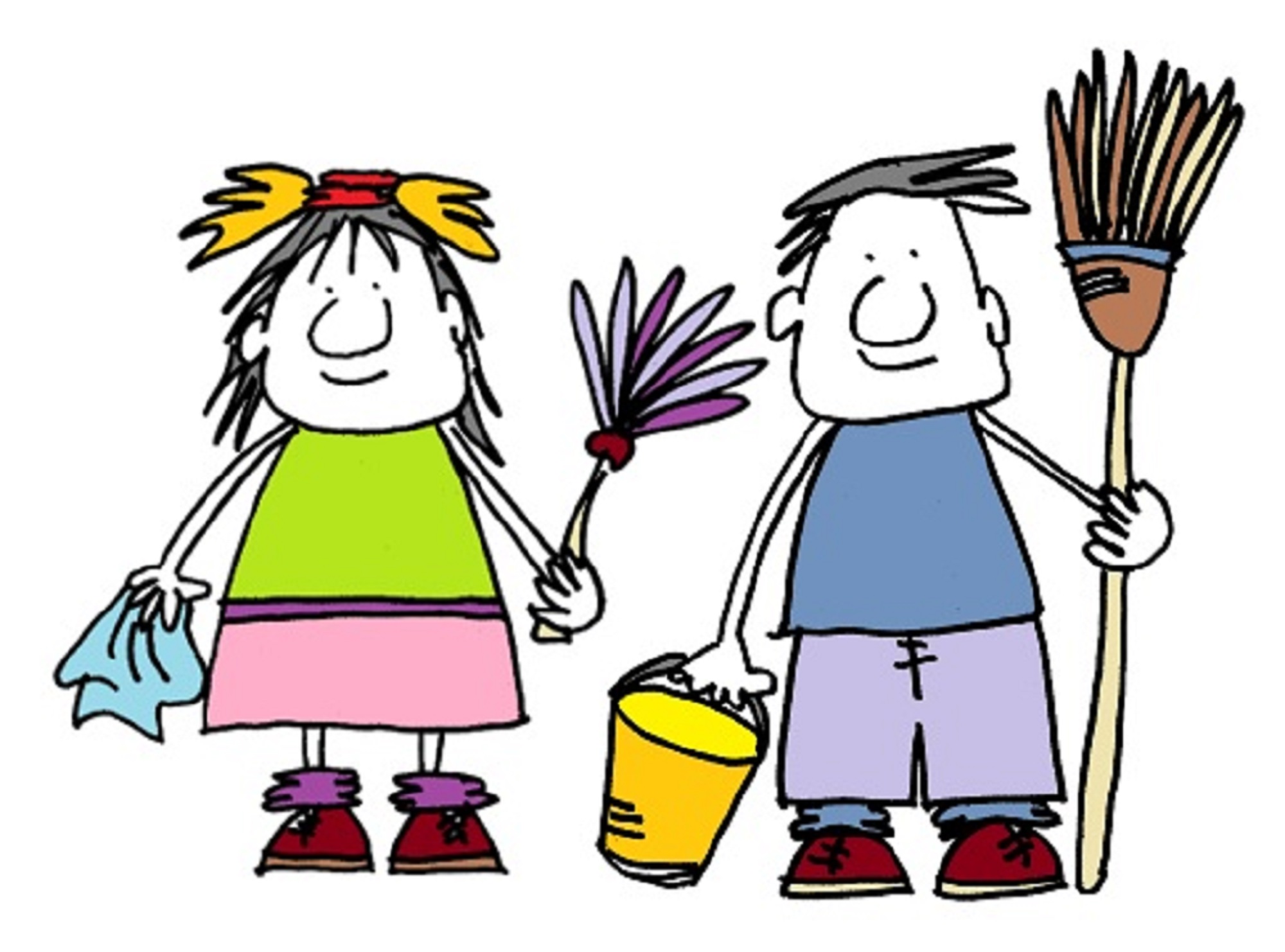 Niñas y niños participando en actividades de limpieza doméstica